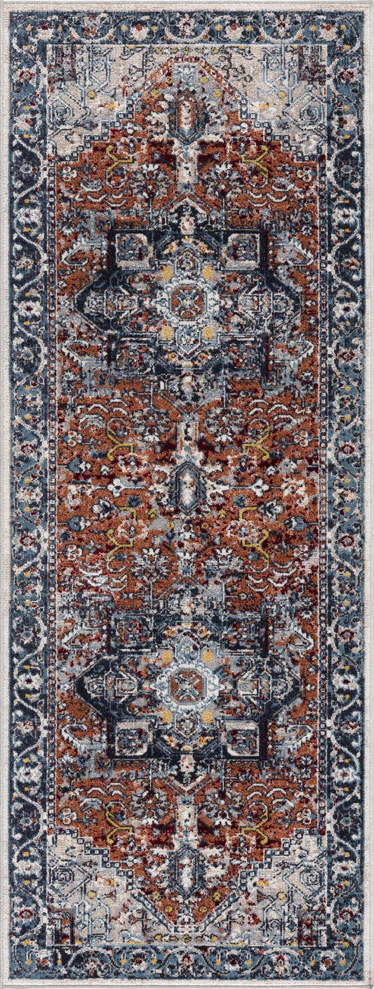 Cabacungan Blue & Rust Washable Area Rug - 2'7" x 7'3" Runner - Rugs