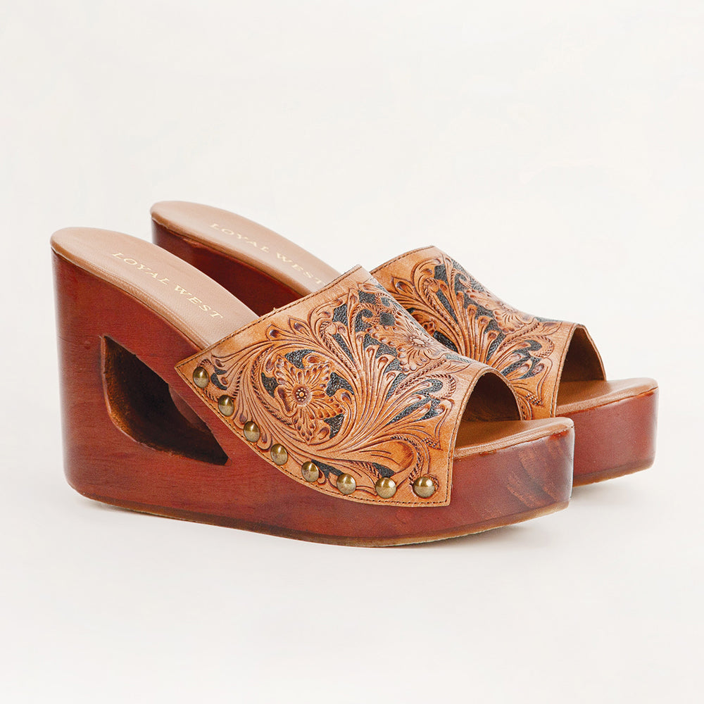 Loyal West Desert Wanderer Sandals - Dark Brown Handtooled Leather- Myra USA- {{Product type}}