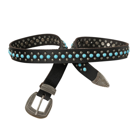 Midnight Ranger Western Leather Belt - Calfskin with Turquoise Stones - - BELT