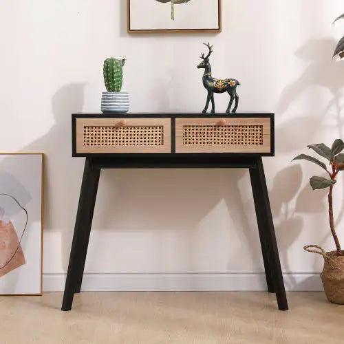 Solid Wood Side Table with Two Rattan Drawers - Kia Day Design