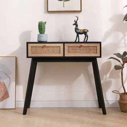 Solid Wood Side Table with Two Rattan Drawers - Kia Day Design