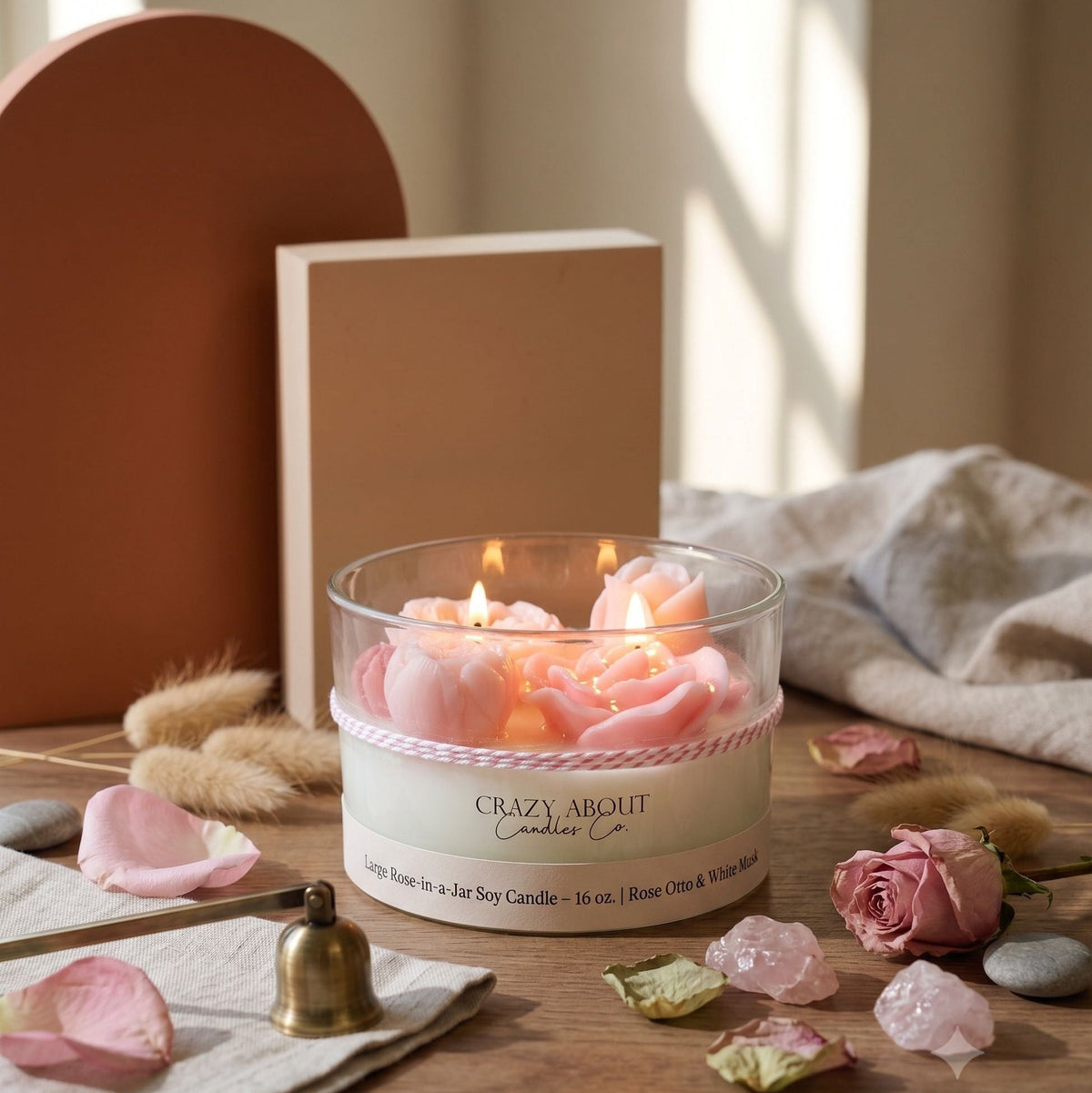 Large Rose-in-a-Jar Soy Candle – 16 oz | 60+ Hr Burn | 12 Scents - - candles