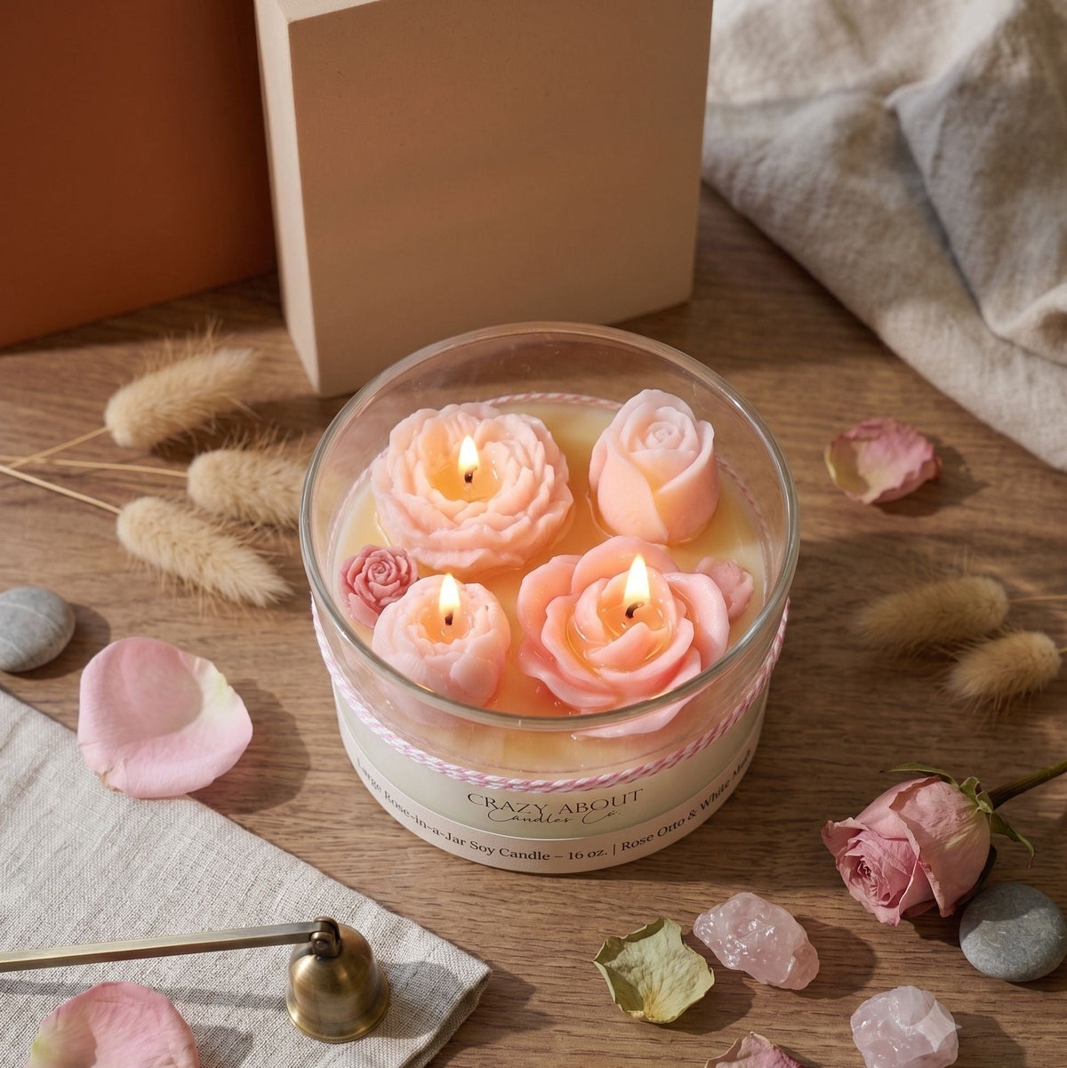 Large Rose-in-a-Jar Soy Candle – 16 oz | 60+ Hr Burn | 12 Scents - - candles