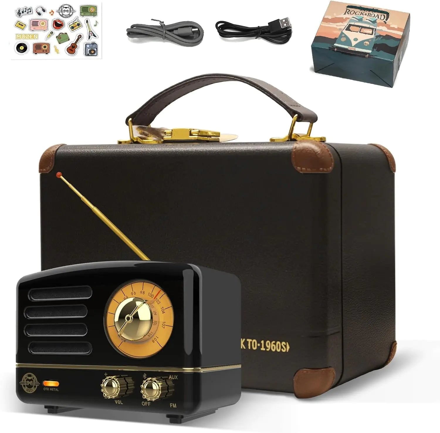 Muzen Portable Bluetooth Speaker OTR Metal Retro Small Wireless Speaker FM Radio with Antenna AUX 10h+ Long Playtime High Fidelity Stereo Audio with Suitcase Room Office Decor Festival Gift Kia Day Design