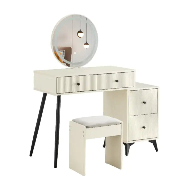 Fluted Makeup Vanity Desk With Round LED Mirror And Lights - White - vanity