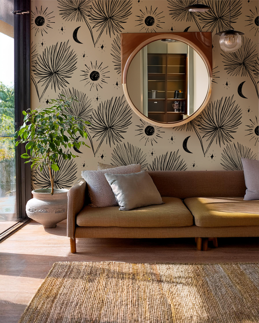 Night Palm Wallpaper Tan and Black - - Wallpaper
