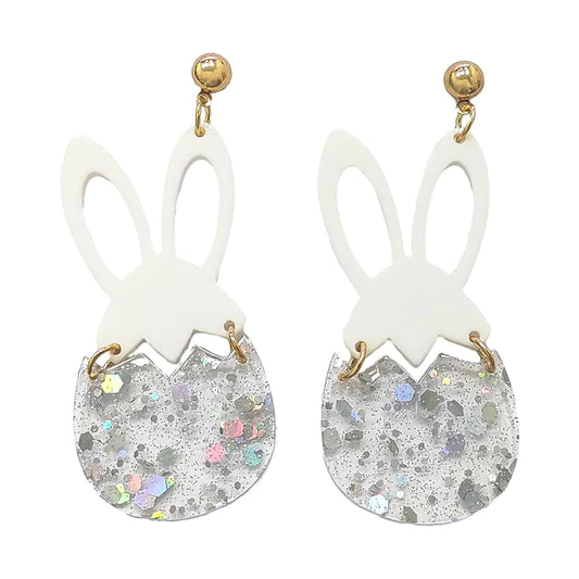 Todu Easter Earrings White Rabbit Drop Earrings Cute Glitter Egg Bunny Dangle Earrings Lightweight Acrylic Earrings For Women Holiday Easter Jewelry (White Rabbit)