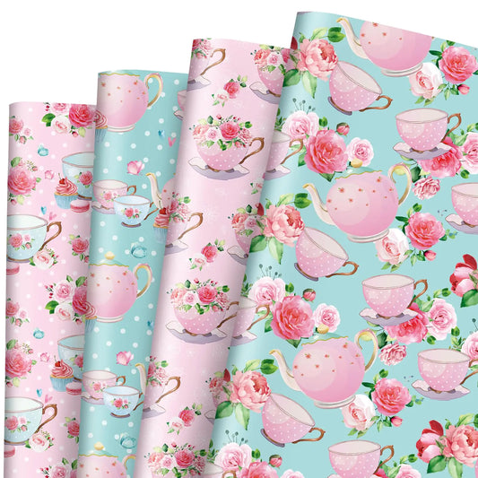 JarThenaAMCS 8 Sheet Tea Party Wrapping Paper -Not Roll- Watercolor Pink Floral Teapot Gift Wrap Paper Folded Flat Art Paper for DIY Crafts Gift Wrapping Kia Day Design