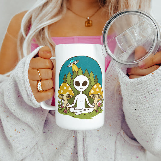 Meditating Alien Insulated Travel Mug - - mugs