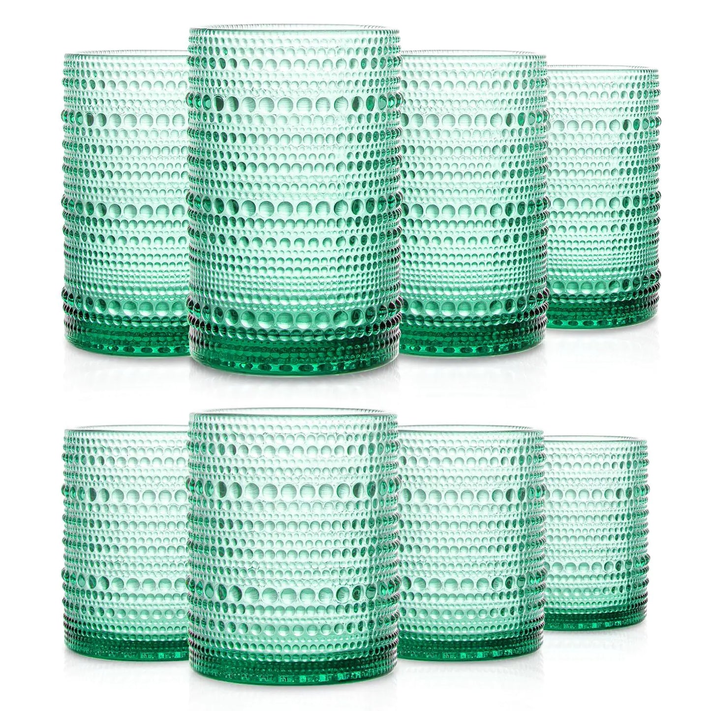 SoulTimes Set of 8 Hobnail Drinking Glasses Vintage Glassware - 4 Highball Glasses 14 oz 4 Rocks Glass Cup 11 oz Embossed Old Fashioned Glassware for WaterWineBeerJuice (Lake Green) Kia Day Design
