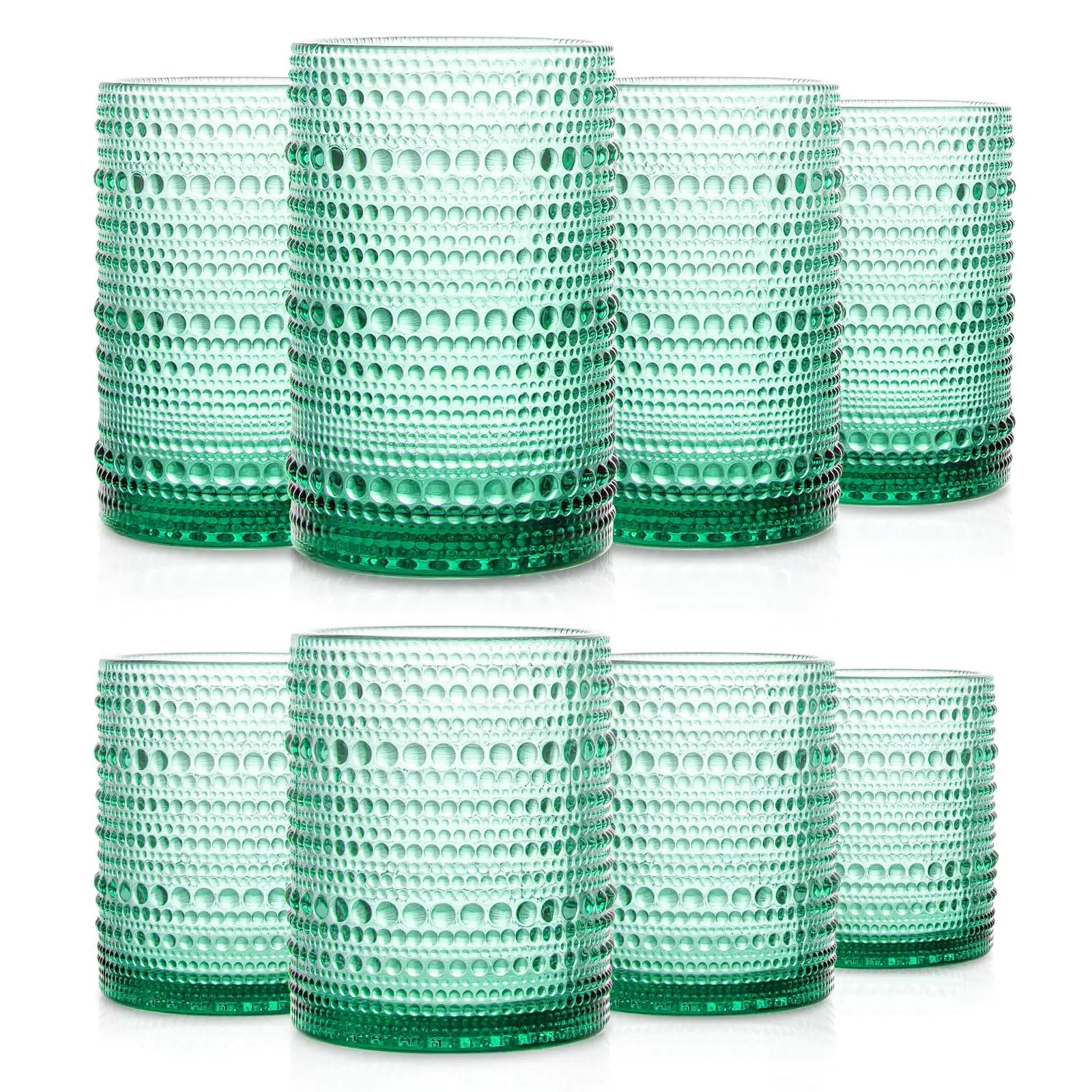 SoulTimes Set of 8 Hobnail Drinking Glasses Vintage Glassware - 4 Highball Glasses 14 oz 4 Rocks Glass Cup 11 oz Embossed Old Fashioned Glassware for WaterWineBeerJuice (Lake Green) Kia Day Design