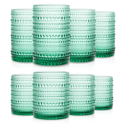 SoulTimes Set of 8 Hobnail Drinking Glasses Vintage Glassware - 4 Highball Glasses 14 oz 4 Rocks Glass Cup 11 oz Embossed Old Fashioned Glassware for WaterWineBeerJuice (Lake Green) Kia Day Design