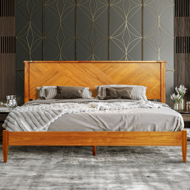 Panthera Solid Wood Bed Frame With Headboard - Caramel - Bed Frame