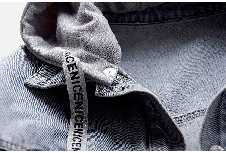 Light Blue Loose Fit Denim Jacket with Hood and Pockets - - jacket