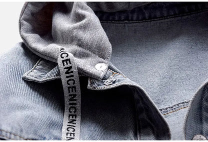 Light Blue Loose Fit Denim Jacket with Hood and Pockets - - jacket