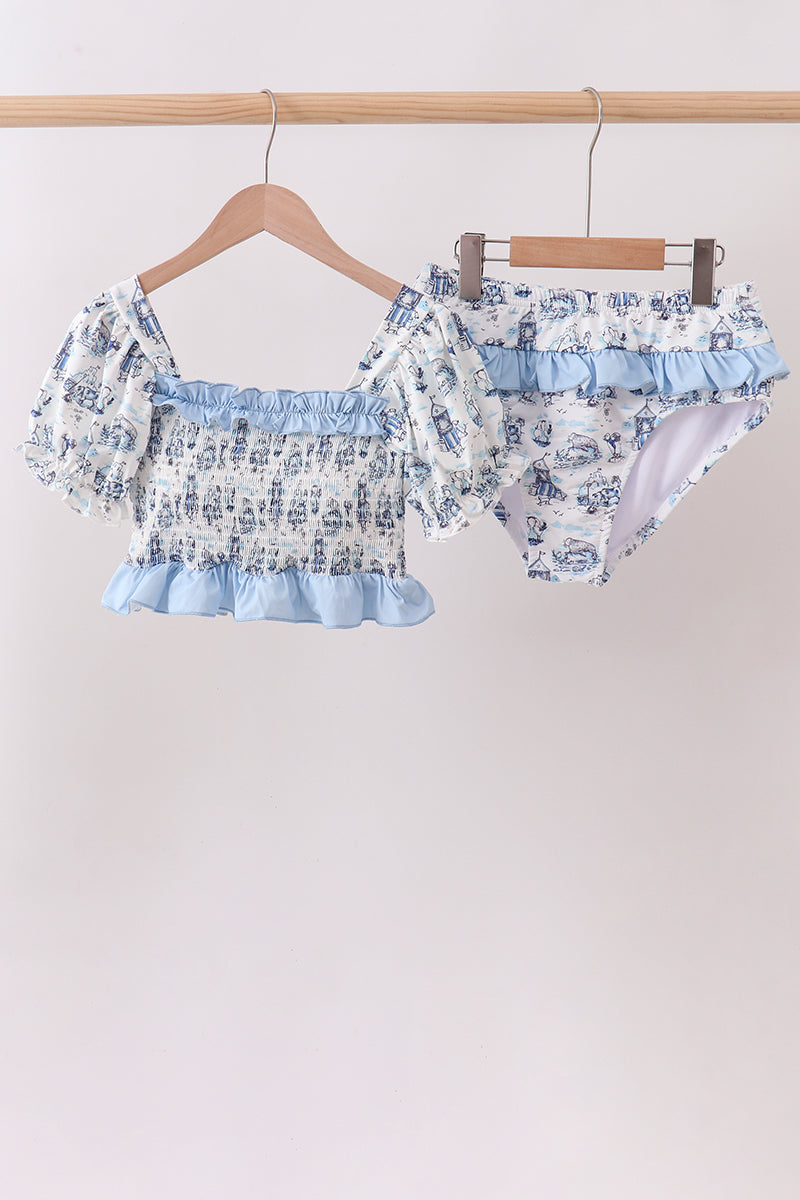 Blue Beach Smocked UPF Women Swim Set - - Swimwear