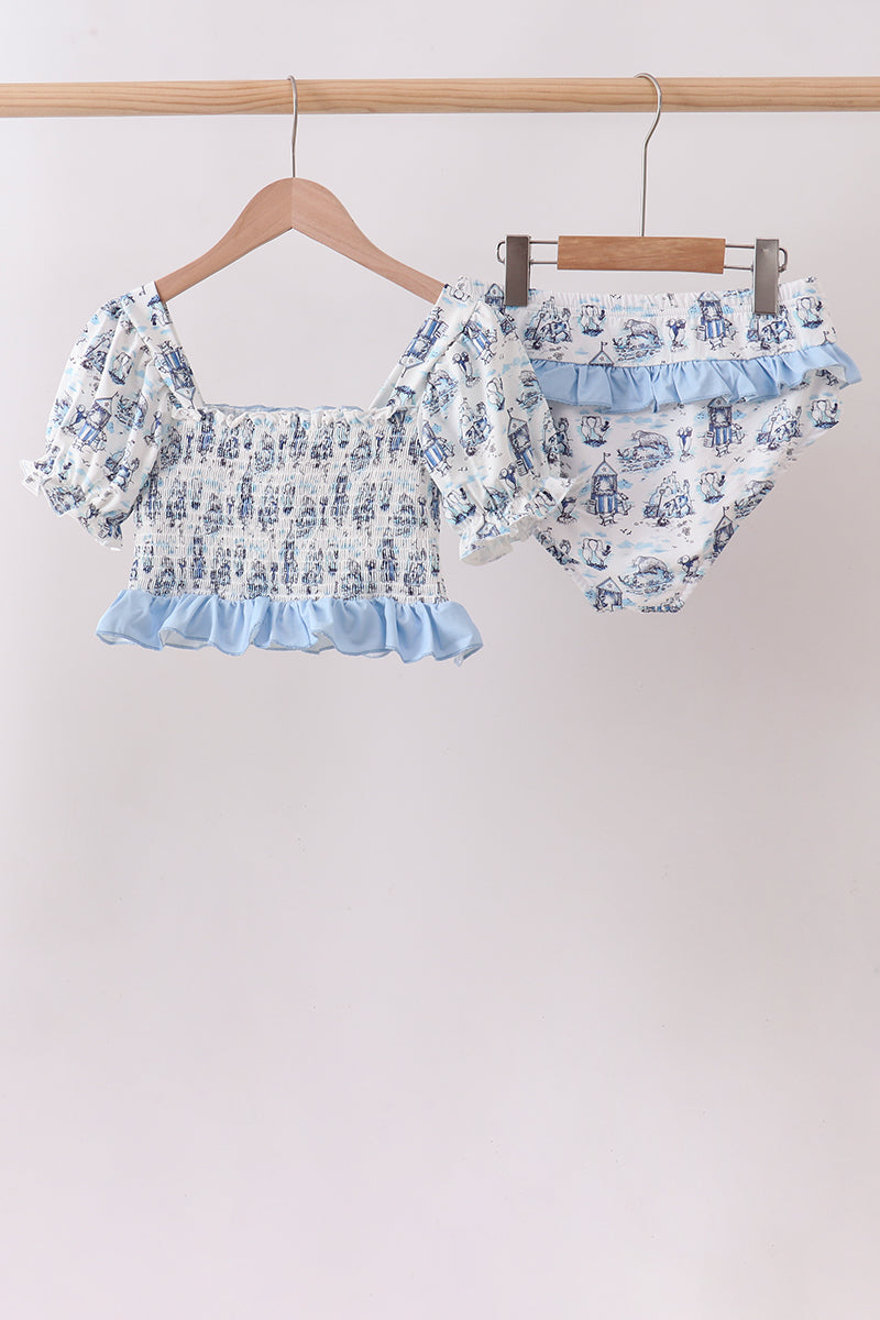 Blue Beach Smocked UPF Women Swim Set - - Swimwear