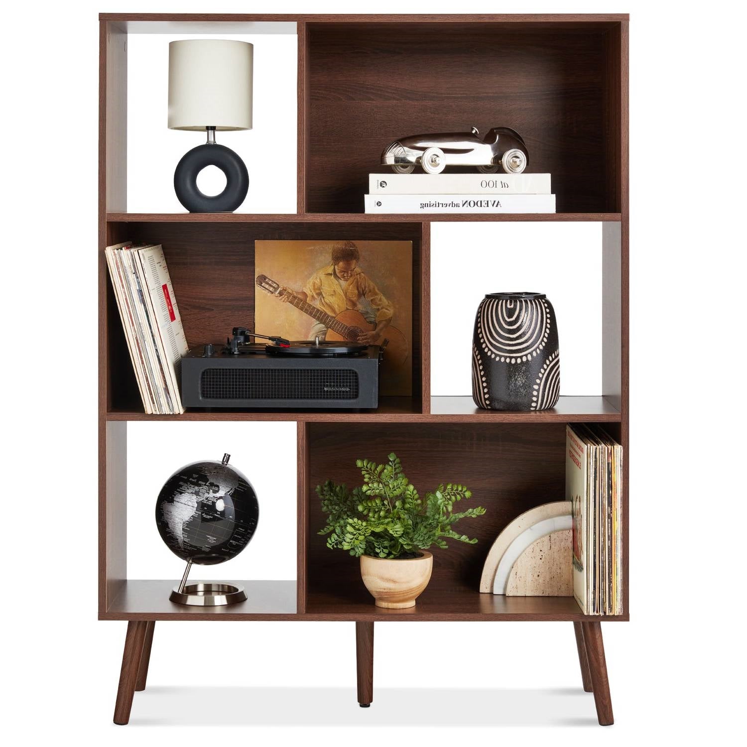 Mid Century Style Bookcase Storage Shelving Unit in Walnut Wood Finish - - Living Room > Bookcases
