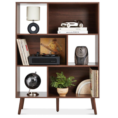 Mid Century Style Bookcase Storage Shelving Unit in Walnut Wood Finish - - Living Room > Bookcases