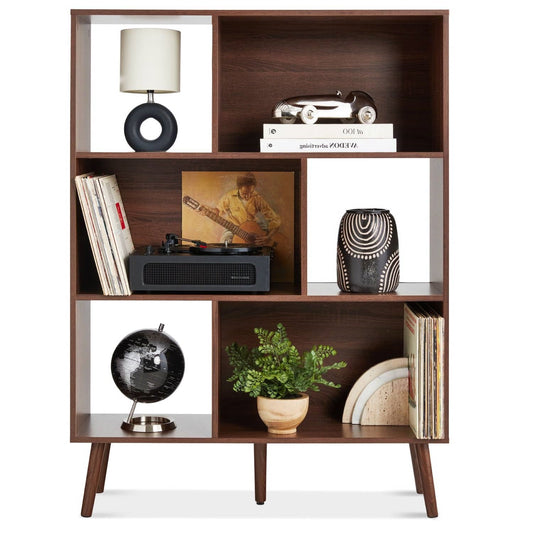 Mid Century Style Bookcase Storage Shelving Unit in Walnut Wood Finish - - Living Room > Bookcases