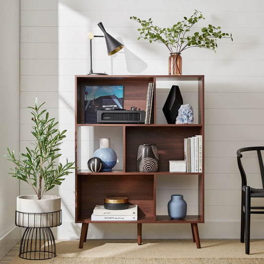 Mid Century Style Bookcase Storage Shelving Unit in Walnut Wood Finish - - Living Room > Bookcases
