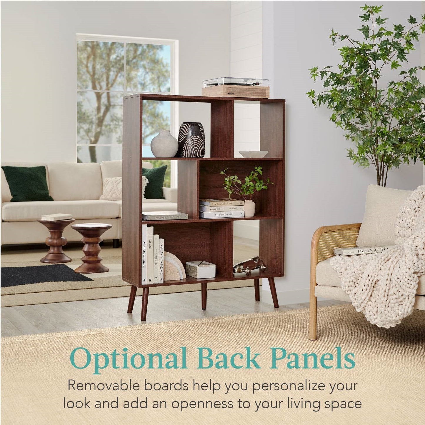 Mid Century Style Bookcase Storage Shelving Unit in Walnut Wood Finish - - Living Room > Bookcases