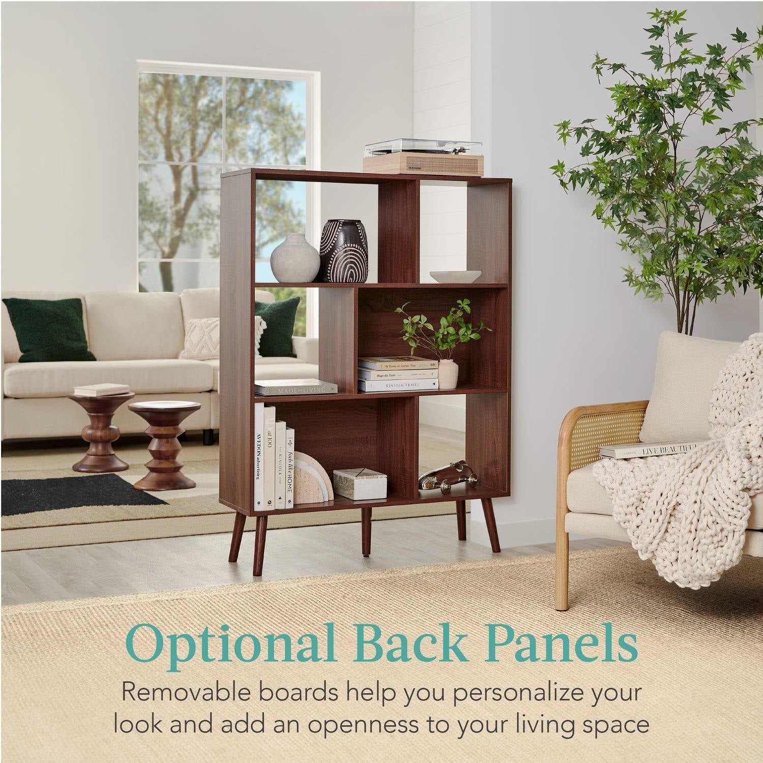 Mid Century Style Bookcase Storage Shelving Unit in Walnut Wood Finish - - Living Room > Bookcases