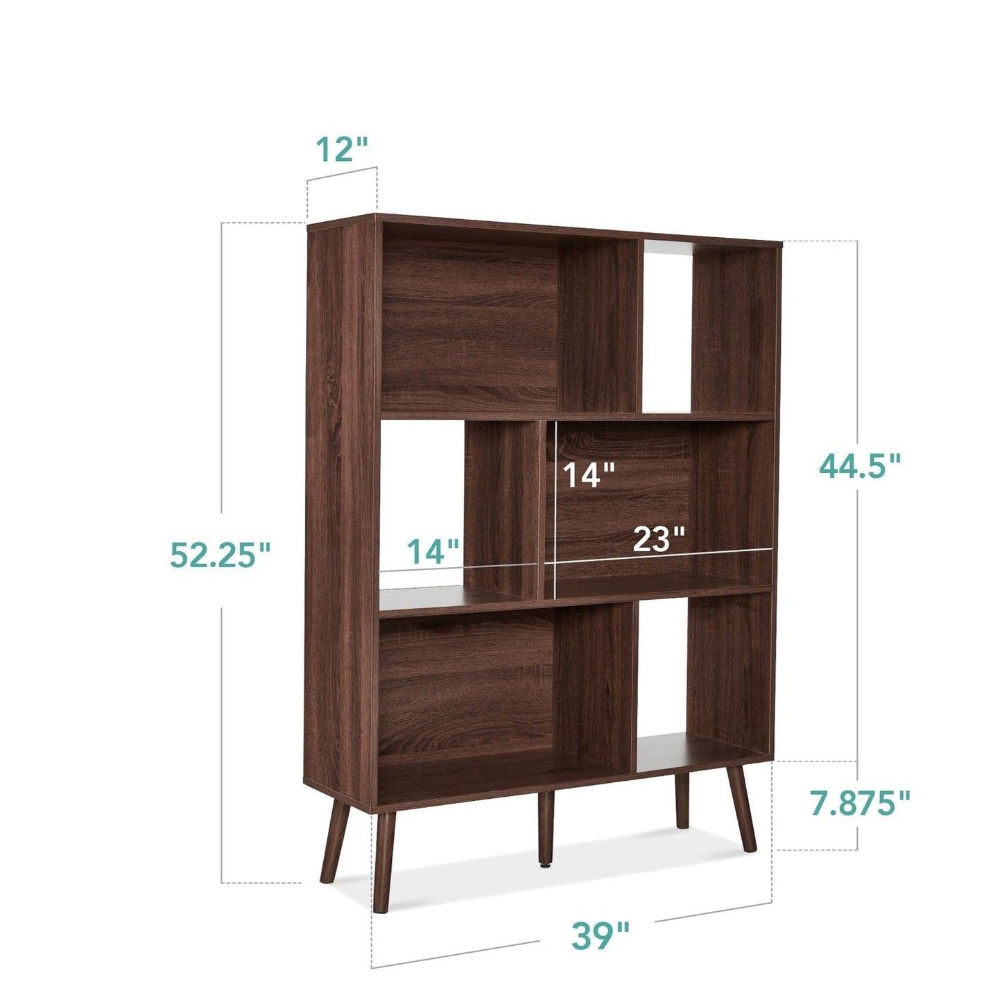 Mid Century Style Bookcase Storage Shelving Unit in Walnut Wood Finish - - Living Room > Bookcases
