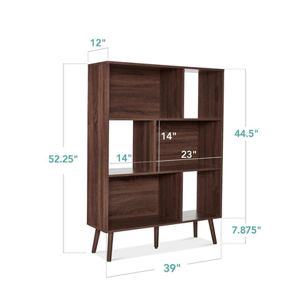 Mid Century Style Bookcase Storage Shelving Unit in Walnut Wood Finish - - Living Room > Bookcases