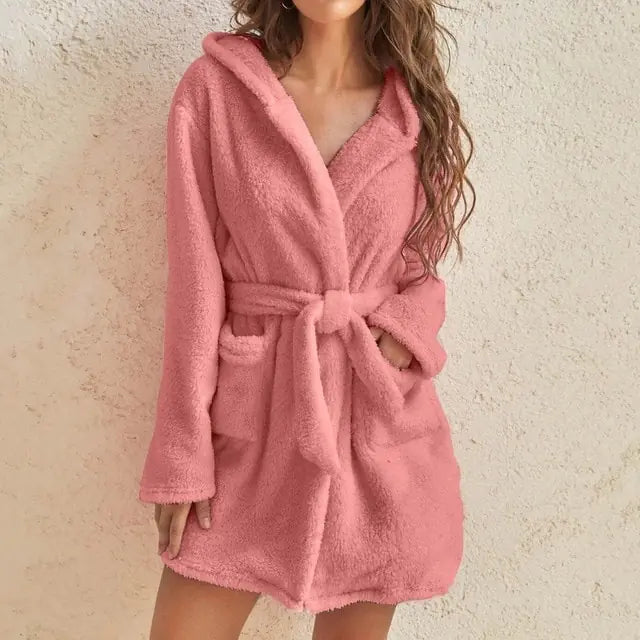 Ladies Hooded Fleece Bathrobe - Pink Large - robe