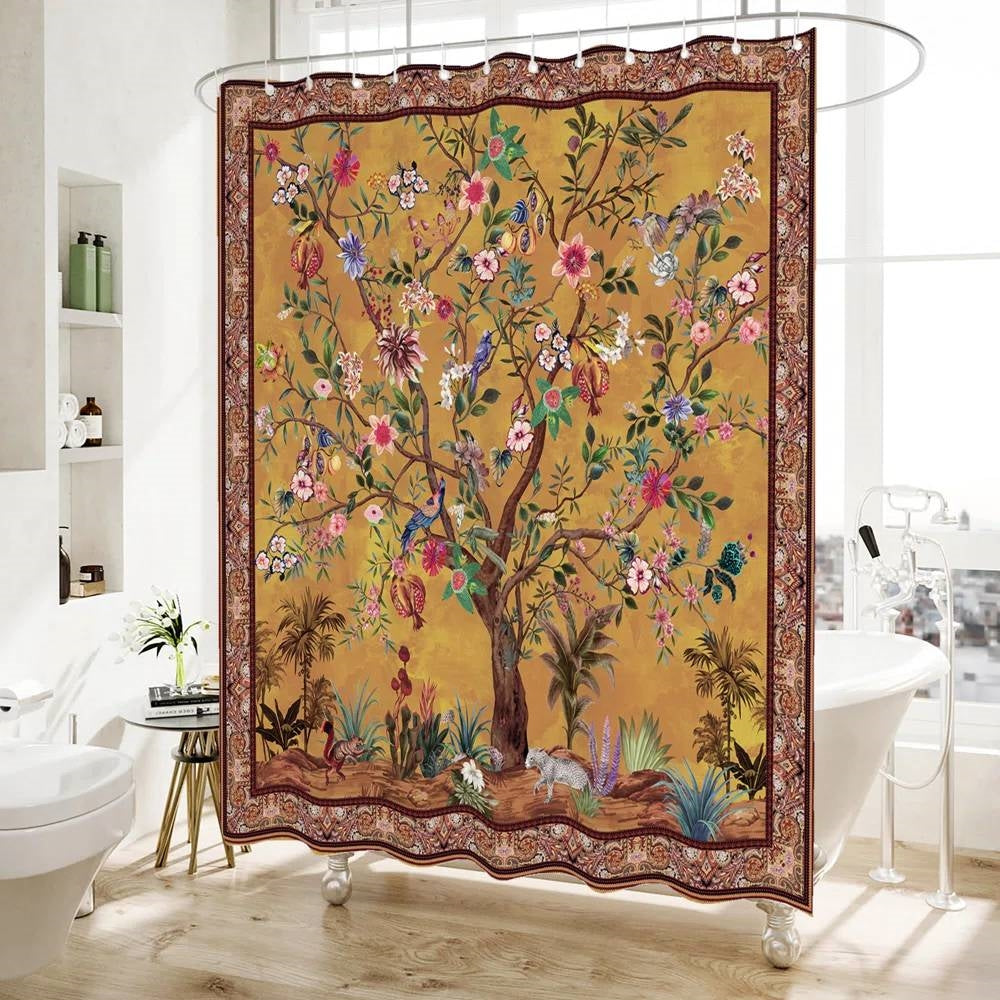 72-inch Brown Red Orange Green Floral Tree Birds Plants Flowers Shower Curtain - - Bathroom > Shower Curtains