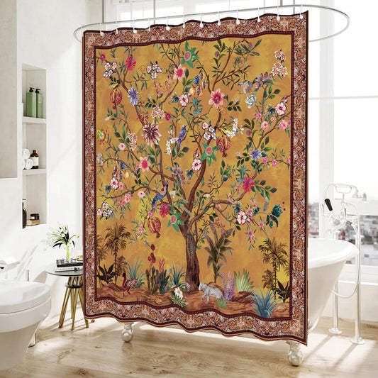 72-inch Brown Red Orange Green Floral Tree Birds Plants Flowers Shower Curtain - - Bathroom > Shower Curtains