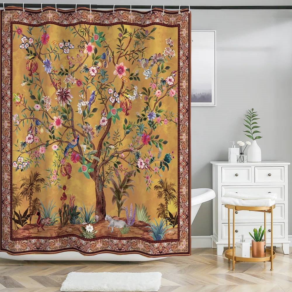 72-inch Brown Red Orange Green Floral Tree Birds Plants Flowers Shower Curtain - - Bathroom > Shower Curtains