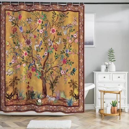 72-inch Brown Red Orange Green Floral Tree Birds Plants Flowers Shower Curtain - - Bathroom > Shower Curtains