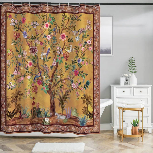 72-inch Brown Red Orange Green Floral Tree Birds Plants Flowers Shower Curtain - - Bathroom > Shower Curtains