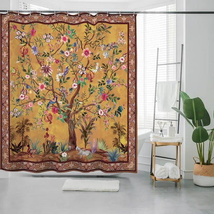 72-inch Brown Red Orange Green Floral Tree Birds Plants Flowers Shower Curtain - - Bathroom > Shower Curtains