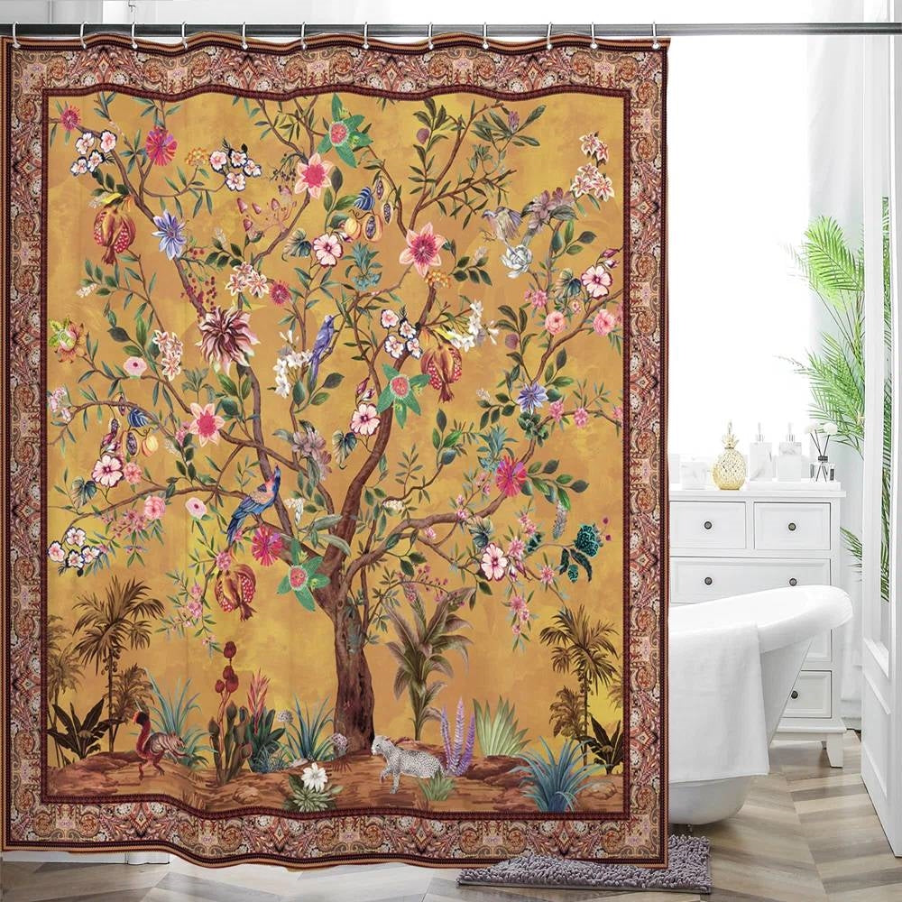 72-inch Brown Red Orange Green Floral Tree Birds Plants Flowers Shower Curtain - - Bathroom > Shower Curtains