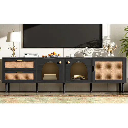 Rattan TV Stand With 3 Cabinets & 2 Drawers, Rattan-inspired Media Console Table For TVs Up To 80'', LED Light Entertainment Center, TV Cabinet For Living Room, Bedroom, Home Theatre Kia Day Design