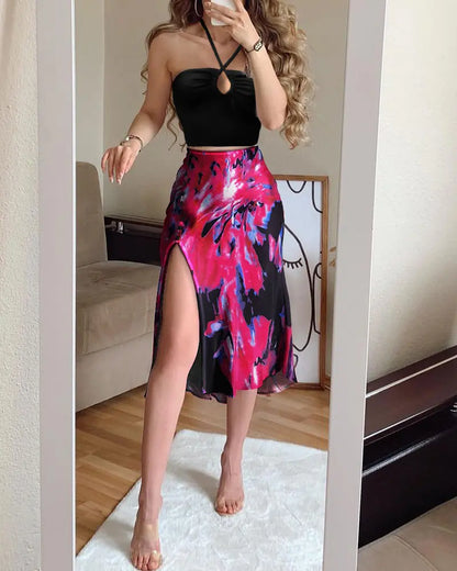 New Women's High Waist Polka Dot Slit Mid-Length Skirt