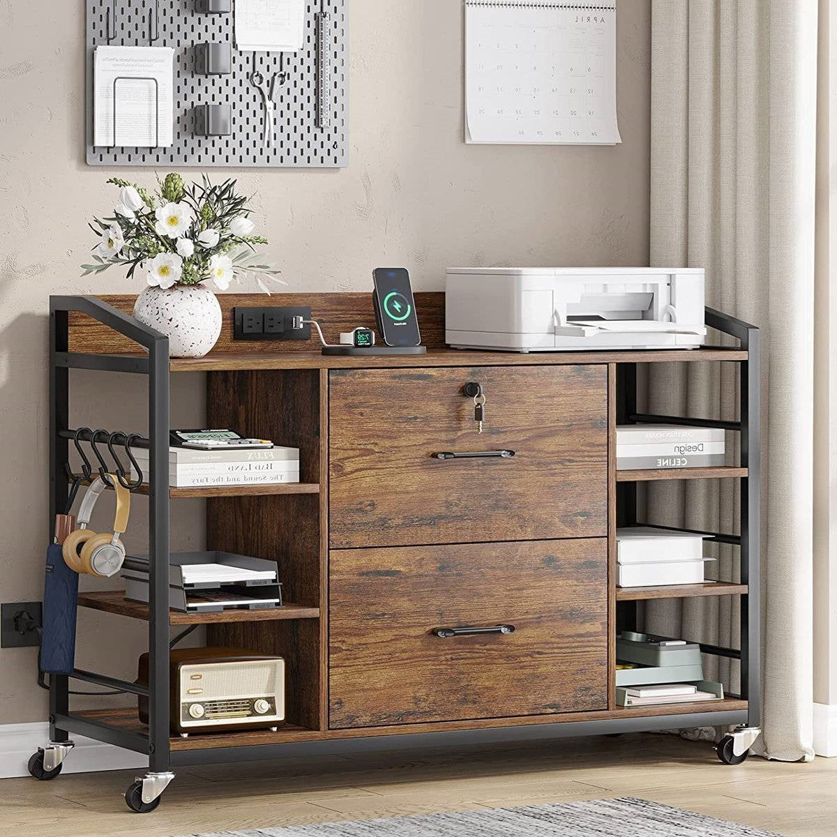 Brown Printer Stand Bookcase Power Station Mobile Office File Cabinet - - Office > Filing Cabinets