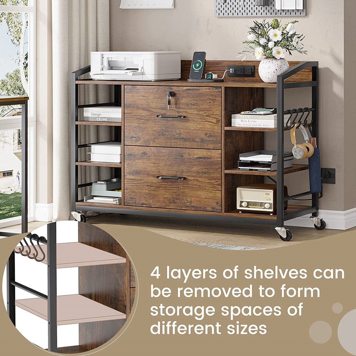 Brown Printer Stand Bookcase Power Station Mobile Office File Cabinet - - Office > Filing Cabinets