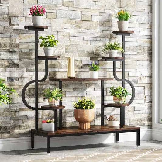 Modern Industrial Metal Wood Stepped Shelf Bookcase Plant Stand Shelving Unit - - Accents > Plant Stands