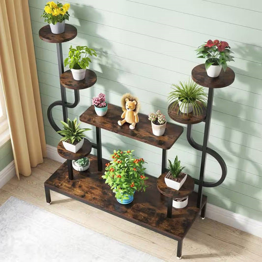 Modern Industrial Metal Wood Stepped Shelf Bookcase Plant Stand Shelving Unit - - Accents > Plant Stands