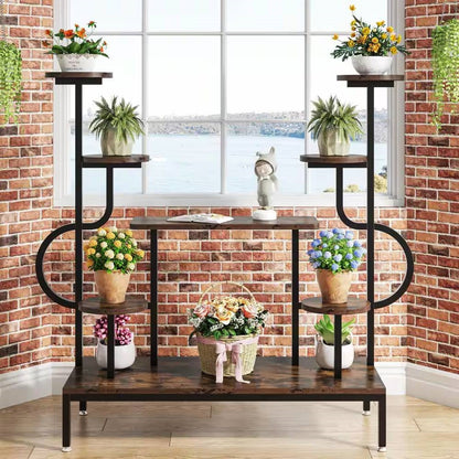 Modern Industrial Metal Wood Stepped Shelf Bookcase Plant Stand Shelving Unit - - Accents > Plant Stands