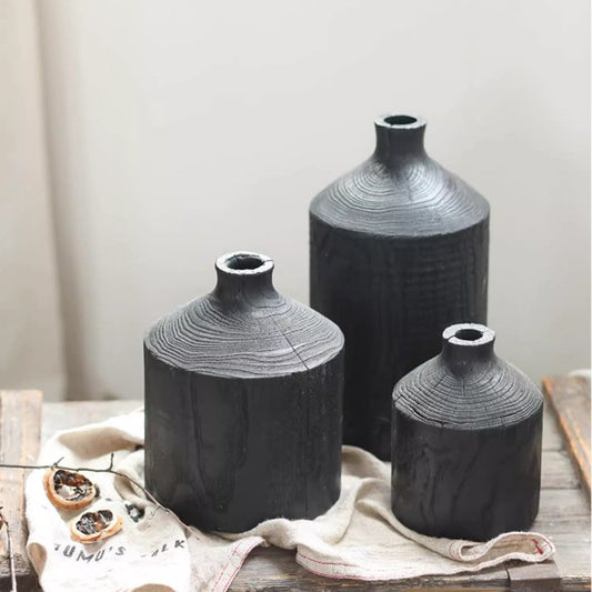 Black Wooden Vase Narrow Neck Decorative Bottle - - vase