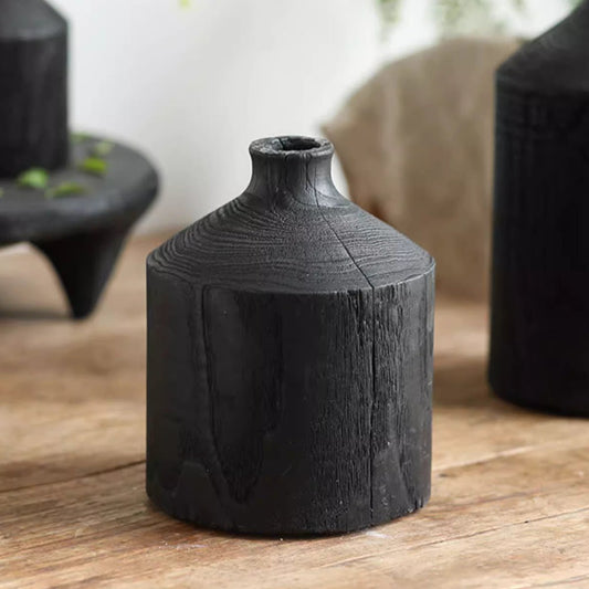Black Wooden Vase Narrow Neck Decorative Bottle - - vase