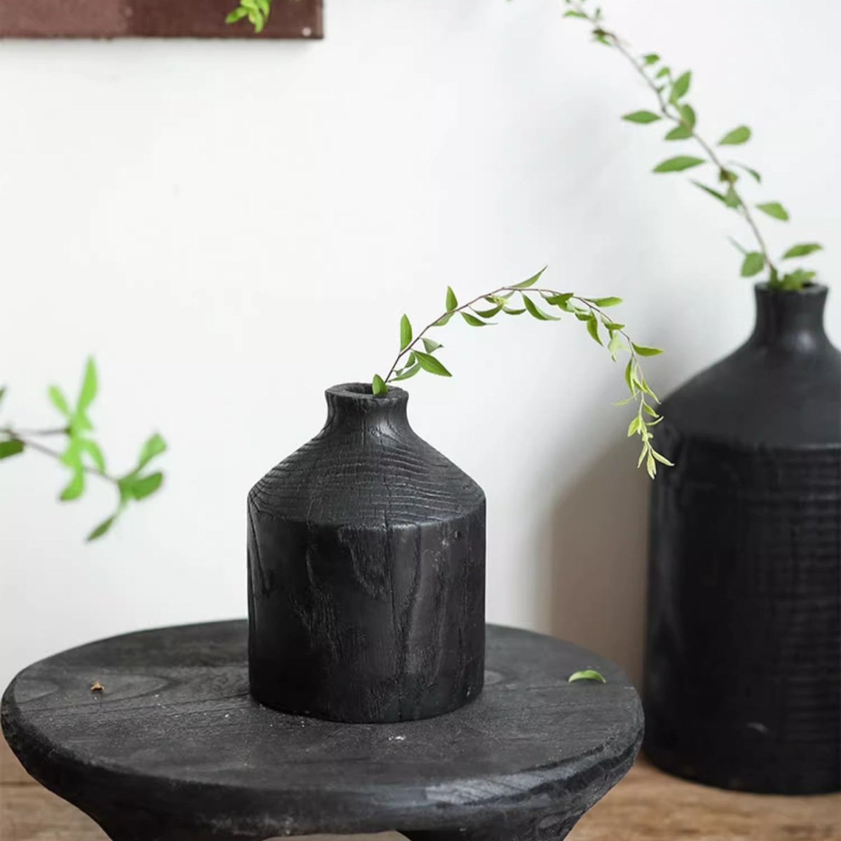 Black Wooden Vase Narrow Neck Decorative Bottle - -