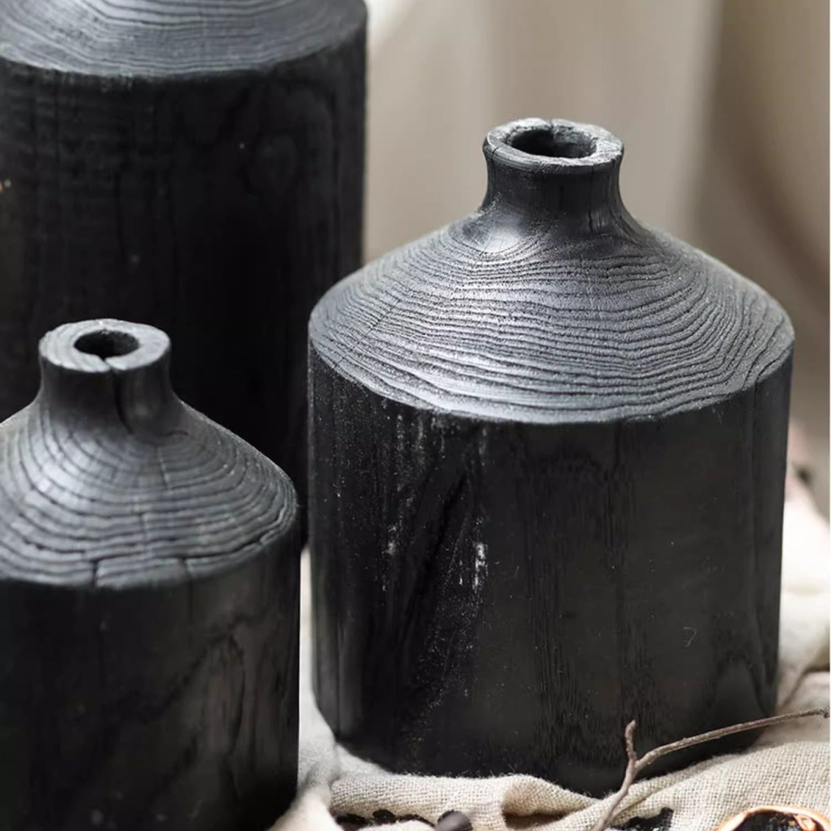 Black Wooden Vase Narrow Neck Decorative Bottle - -