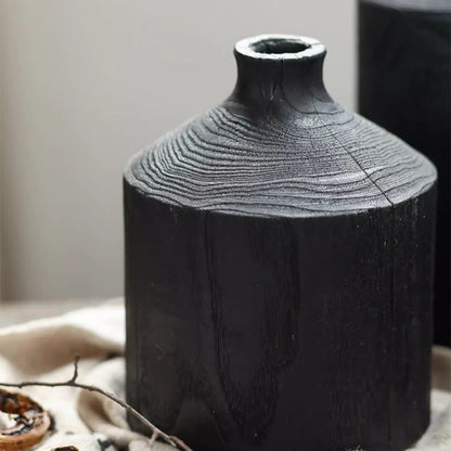 Black Wooden Vase Narrow Neck Decorative Bottle - -