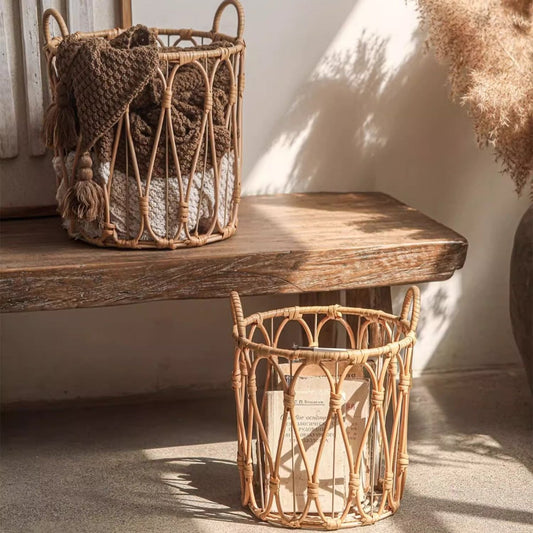Bohemian Open-Weave Rattan Basket - - basket